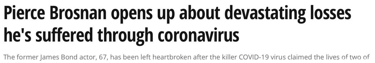 挚友|因新冠去世,67岁皮尔斯布鲁斯南失去45年挚友,提醒人们仍在战斗