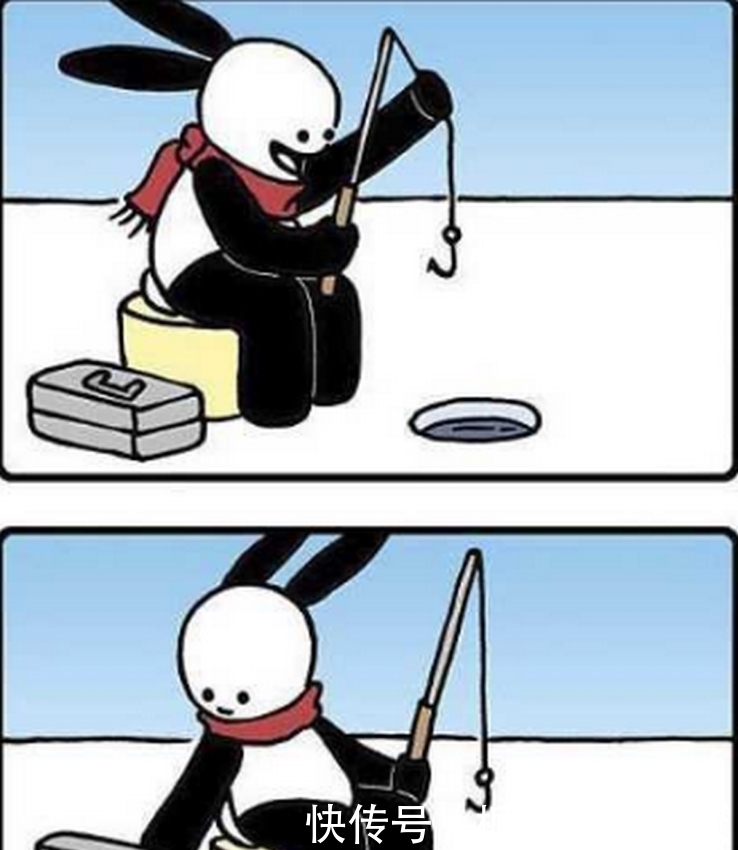  鱼饵|奇趣漫画：兔子冬天在冰面上钓鱼，鱼饵却是给鱼儿们过冬的毛衣