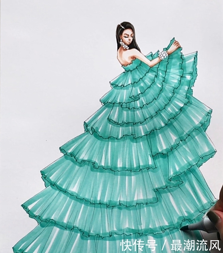 干货|超详细马克笔手绘时装画步骤干货/Tiffany Gown Part2